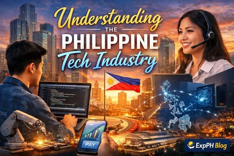 Filipino tech professionals working with laptops and digital tools in a modern city showing understanding of the Philippine tech industry and digital transformation