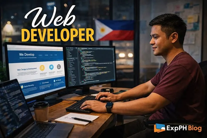Filipino web developer working on website design and coding using dual monitors in a modern workspace with ExpPH Blog logo