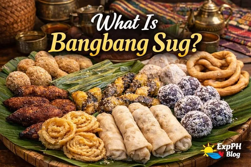 Traditional Bangbang Sug platter on banana leaves featuring assorted Tausug delicacies with ExpPH Blog logo