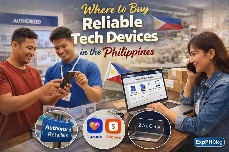 Filipino shoppers inside a modern electronics store choosing smartphones and laptops from trusted retailers in the Philippines