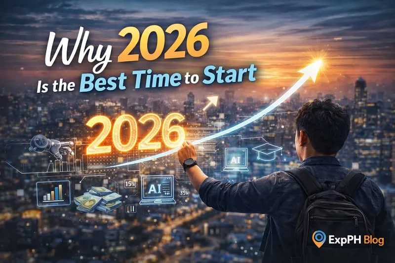 A Filipino professional starting a tech career in 2026, working on a laptop with digital charts, growth arrows, and futuristic elements symbolizing opportunity and success.