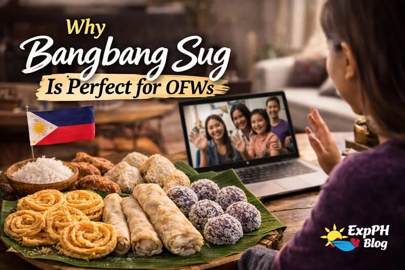 Bangbang Sug platter on banana leaves with an OFW video calling family and ExpPH Blog logo in a Filipino setting