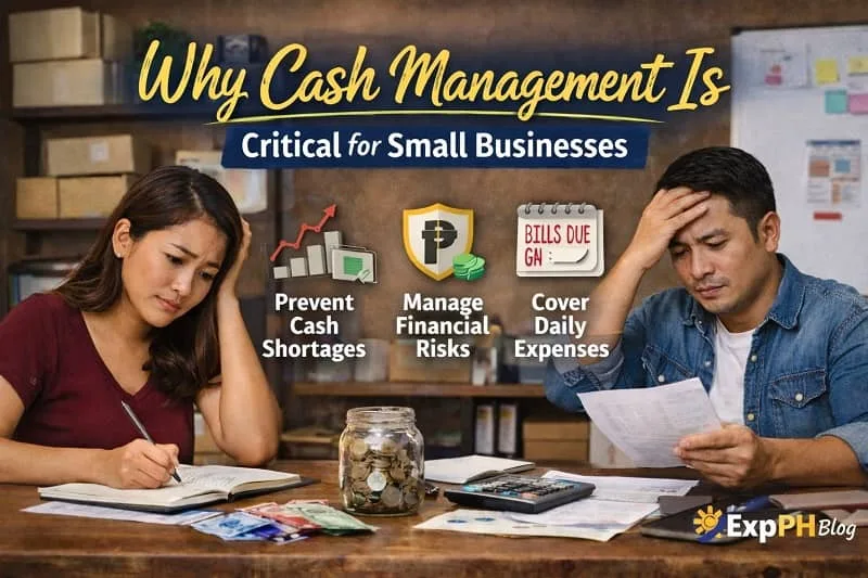 Filipino small business owners reviewing bills and expenses while learning why cash management is critical for small businesses with calculator, receipts, and savings jar.