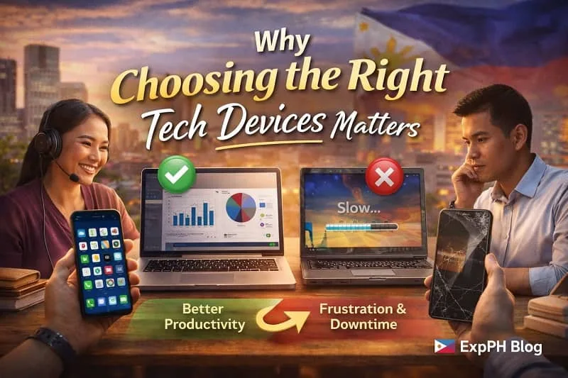 Filipino comparing fast laptop and smartphone versus slow devices showing productivity difference with ExpPH Blog logo