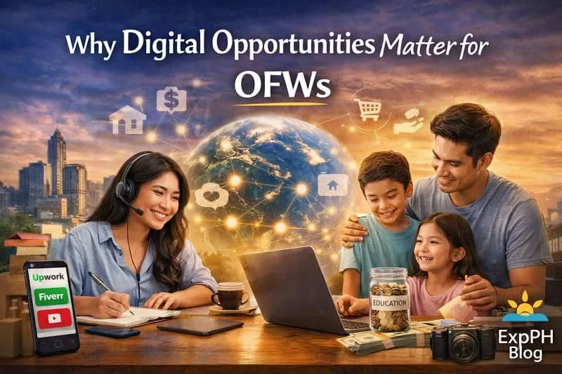 Filipino OFW working online while supporting family showing importance of digital opportunities with laptop internet and ExpPH Blog logo in a realistic setting