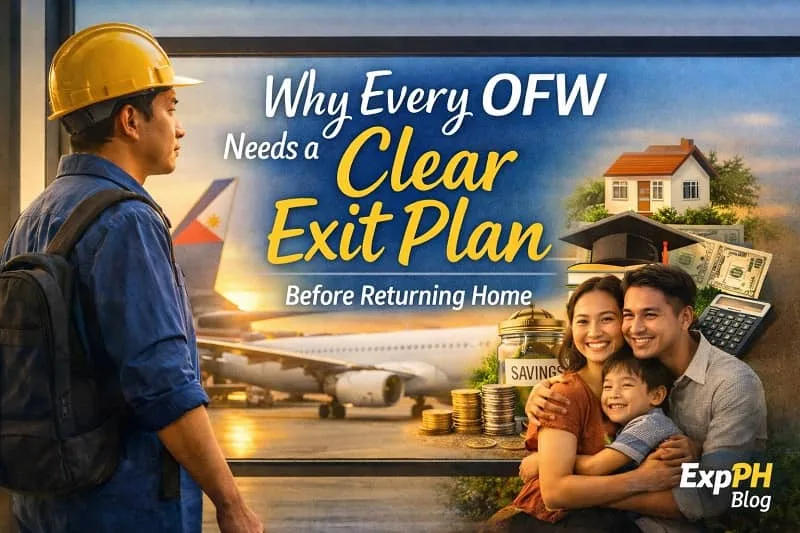 Filipino OFW reviewing financial plans with family, savings jar and house in background with ExpPH Blog logo