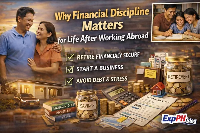 Filipino former OFW planning finances at home with savings jar, budget notebook, and family, representing why financial discipline matters after working abroad