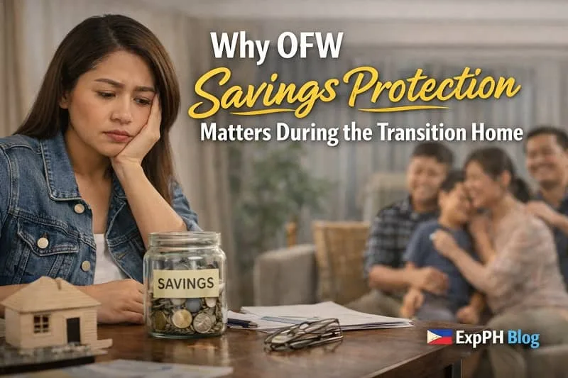 Filipina OFW looking concerned while reviewing savings and finances at home, with family in the background, illustrating the importance of OFW savings protection during transition home.