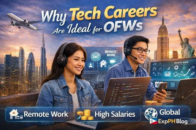 Filipino OFWs working remotely on laptops with global city background showing tech career opportunities and ExpPH Blog logo