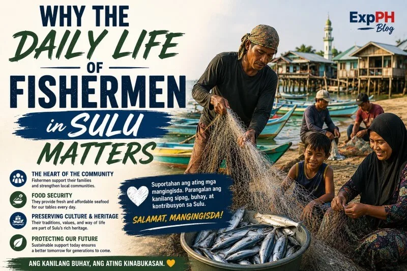 Filipino fishermen in Sulu preparing fishing nets and boats during sunrise while supporting their families and coastal community.