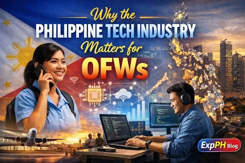 A realistic image showing a Filipino OFW woman at an airport smiling while on her phone, alongside a Filipino tech professional coding on a laptop, with a Manila skyline, digital tech icons, and the ExpPH Blog logo.