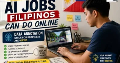 Filipino man working on laptop doing data annotation tasks at home with AI job text overlay and ExpPH Blog logo