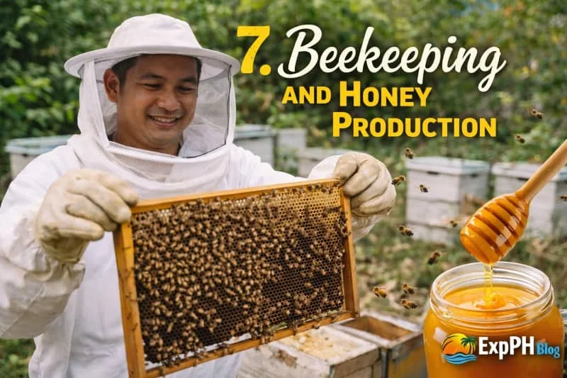 Filipino beekeeper in protective suit holding a honeycomb frame with bees and fresh honey jar with ExpPH Blog logo