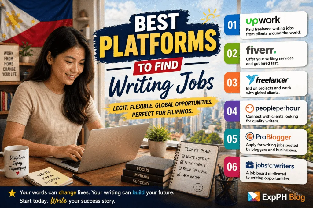 Filipino freelancer using laptop showing best platforms to find writing jobs including Upwork Freelancer and online job sites with ExpPH Blog logo