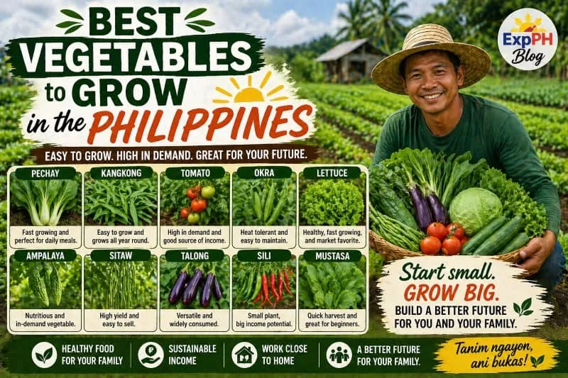 Filipino farmer holding fresh vegetables in a farm with ExpPH Blog logo showcasing best vegetables to grow in the Philippines like pechay, kangkong, and tomatoes
