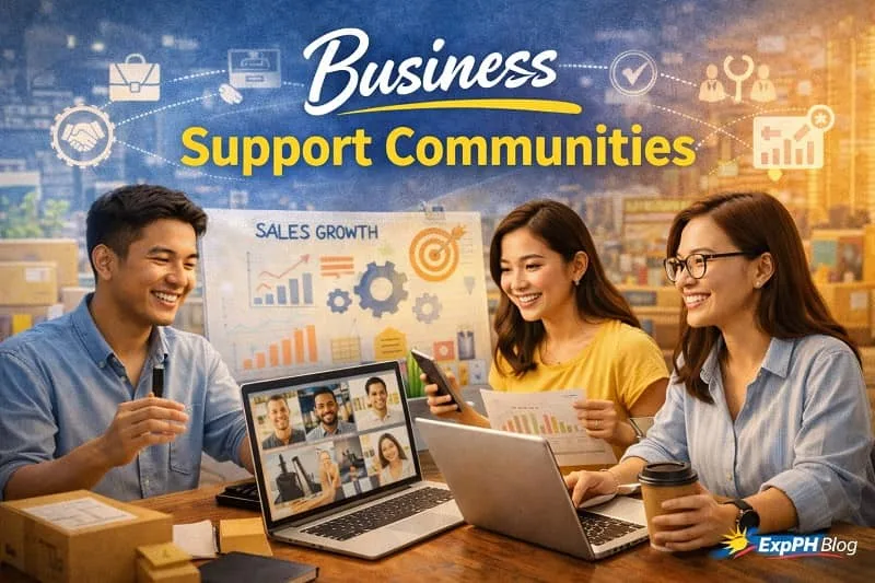 Filipino entrepreneurs collaborating in business support communities through online meetings and shared digital tools