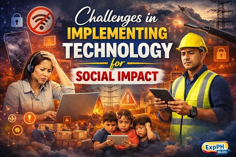 Filipino community facing challenges in using technology for social impact, showing people with limited internet access, outdated devices, and infrastructure issues in an urban and rural Philippine setting.