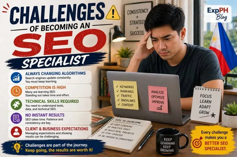Filipino SEO learner looking stressed while working on a laptop with notes about keywords, rankings, traffic, and SEO challenges