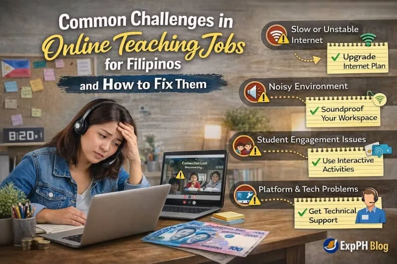 Filipina online teacher looking stressed while using a laptop with connection issues, showing common challenges and solutions in online teaching jobs