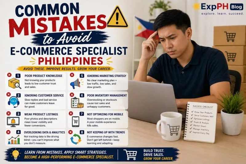 Filipino e-commerce specialist looking concerned while working on laptop with icons showing common online business mistakes in Philippines