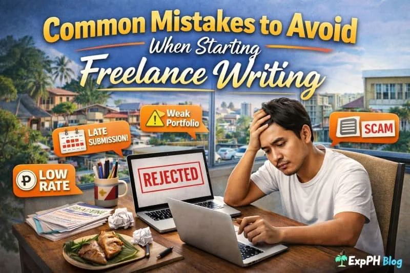 Filipino freelance writer looking stressed while working on a laptop showing rejected work, with icons highlighting mistakes like low rates, late submission, weak portfolio, and scams