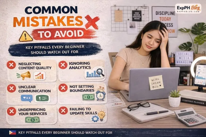 Filipina social media manager looking stressed while working on a laptop, with common mistakes displayed such as poor content quality and ignoring analytics