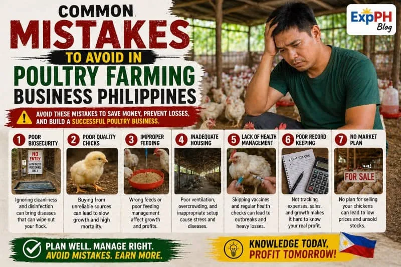 Filipino poultry farmer looking concerned inside chicken farm with common mistakes to avoid in poultry farming business Philippines and ExpPH Blog logo