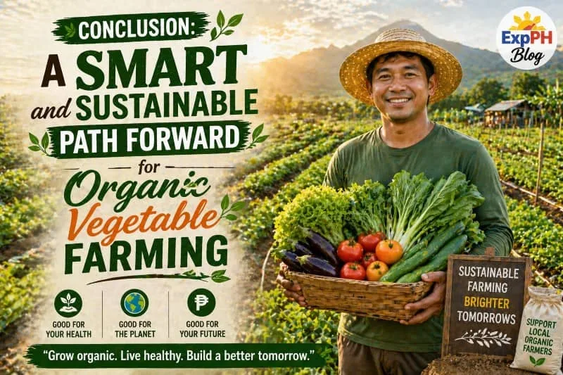 Filipino farmer holding fresh vegetables in a thriving organic farm with ExpPH Blog logo representing a smart and sustainable future in farming