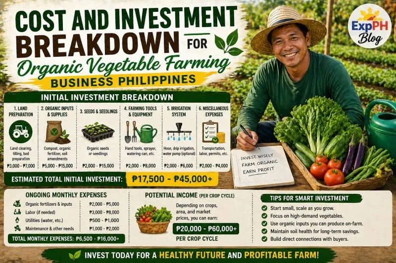 Filipino farmer reviewing costs and tools for organic vegetable farming business in the Philippines with ExpPH Blog logo showing investment breakdown