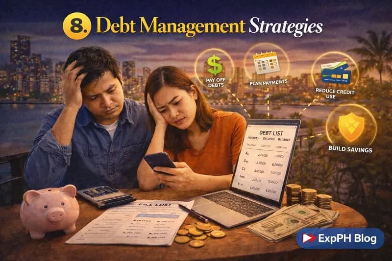 Filipino couple managing debt with bills, calculator, and financial plan, showing strategies like payment planning, reducing credit use, and building savings