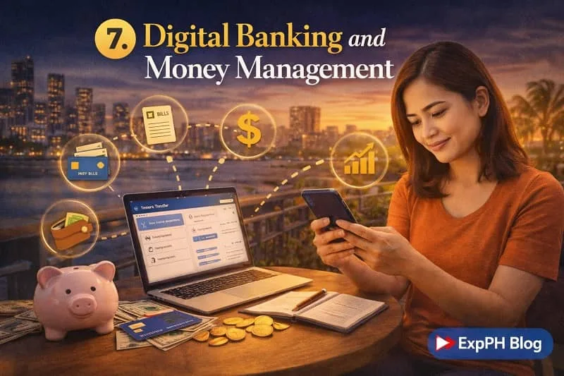 Filipino OFW using a smartphone for digital banking, managing finances with online apps, showing savings, transfers, and financial tracking