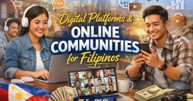 Filipino professionals using laptop and smartphone connected through digital platforms and online communities for OFWs with ExpPH Blog logo