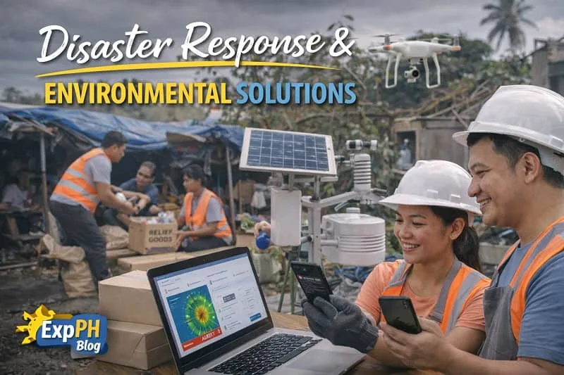 Filipino rescue team using technology such as drones and mobile devices during disaster response operations