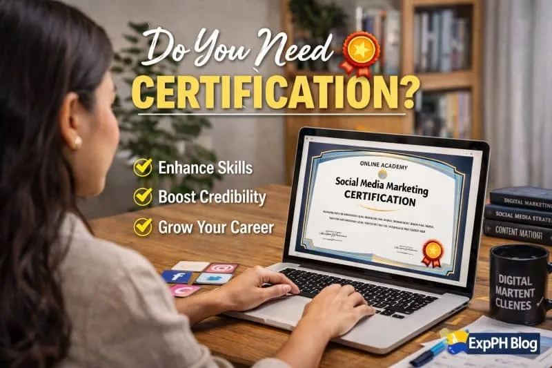 Filipino woman reviewing a social media marketing certification on a laptop while working from home