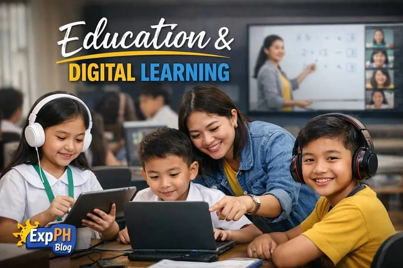 Filipino students using tablets and laptops with a teacher guiding them in a modern digital classroom setting