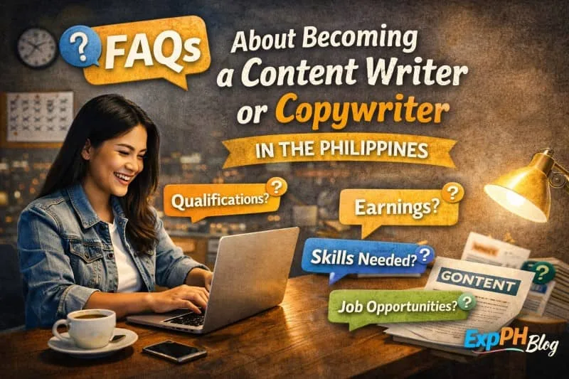 A Filipino freelance writer working on a laptop with speech bubbles showing common questions like qualifications, earnings, skills needed, and job opportunities related to content writing and copywriting in the Philippines.