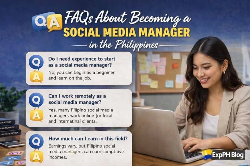 Filipino woman working on a laptop with FAQ cards about Social Media Manager Philippines displayed on screen