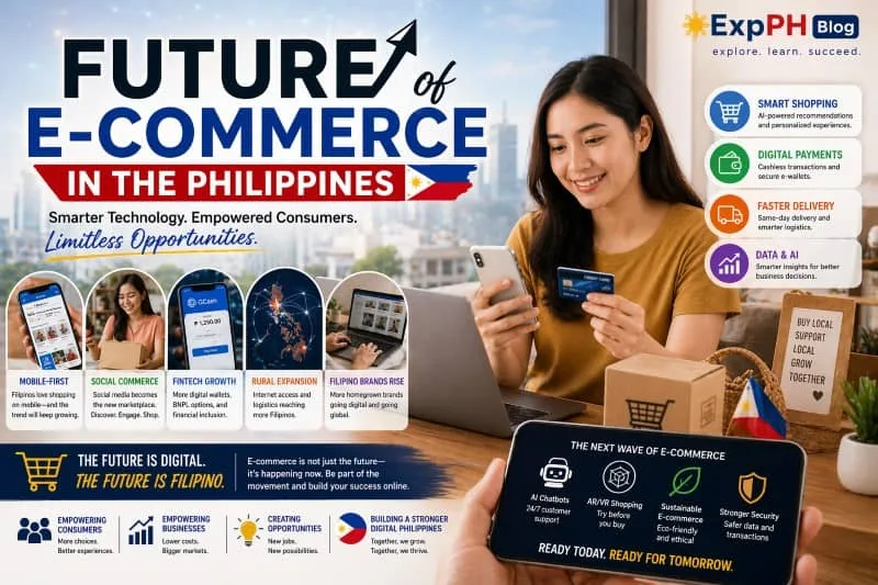 Filipino woman working on laptop with FAQ icons and e-commerce checklist about becoming an e-commerce specialist in the Philippines