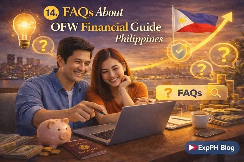 Filipino couple using a laptop with financial icons and question marks representing OFW Financial Guide Philippines FAQs, with Philippine flag and ExpPH Blog logo