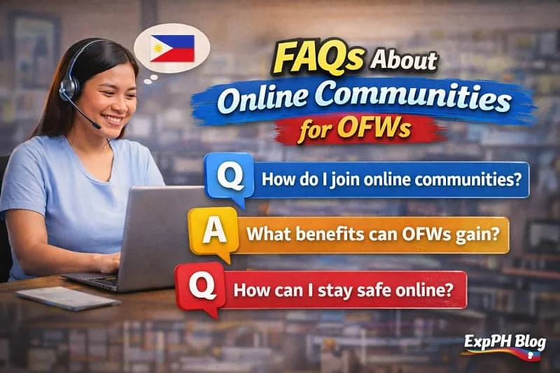 Filipino OFW using a laptop and smartphone while viewing frequently asked questions about online communities, with icons representing communication, support, and income opportunities