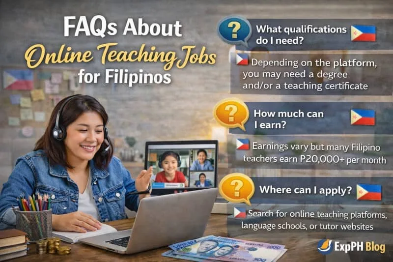 Filipina online teacher using a laptop with headset, answering frequently asked questions about online teaching jobs with students on video call