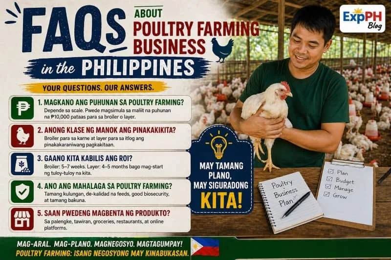 Filipino poultry farmer holding chicken with frequently asked questions about poultry farming business in the Philippines and ExpPH Blog logo