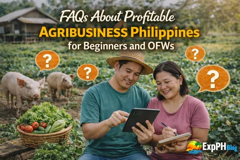 Filipino couple discussing farming plans with question icons and agribusiness elements, representing FAQs for beginners and OFWs about Profitable agribusiness Philippines with ExpPH Blog logo
