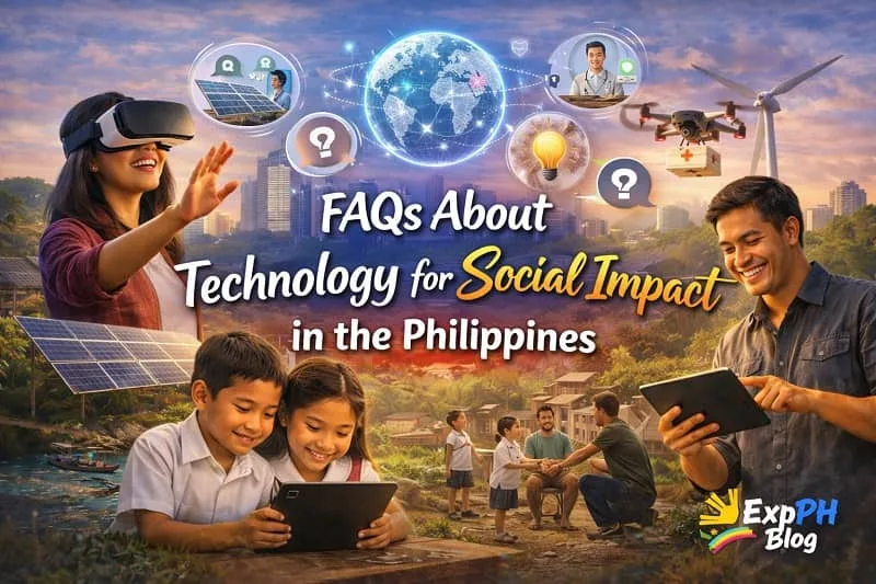 Filipino people discussing technology, using laptops and smartphones with icons of innovation, education, and community support, representing FAQs about social impact technology in the Philippines.