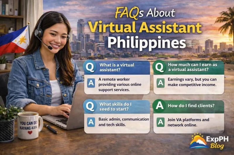 A Filipina virtual assistant working on a laptop with a headset, with FAQ boxes showing common questions and answers about virtual assistant jobs in the Philippines