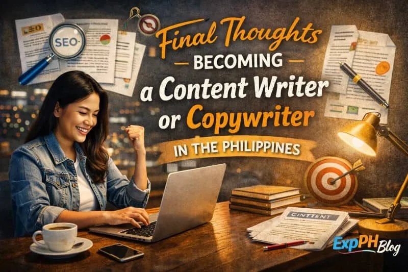 A Filipino freelance writer smiling while working on a laptop with SEO icons, documents, and writing tools around, representing the journey of becoming a content writer or copywriter in the Philippines.