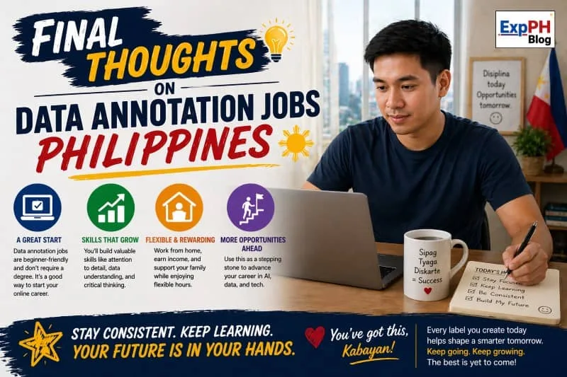 Filipino working on laptop reflecting on data annotation journey with AI tasks on screen and ExpPH Blog logo