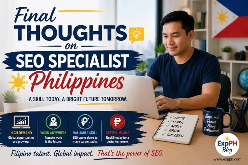 Filipino professional working on a laptop with SEO graphics representing career growth, remote work, and digital opportunities in the Philippines