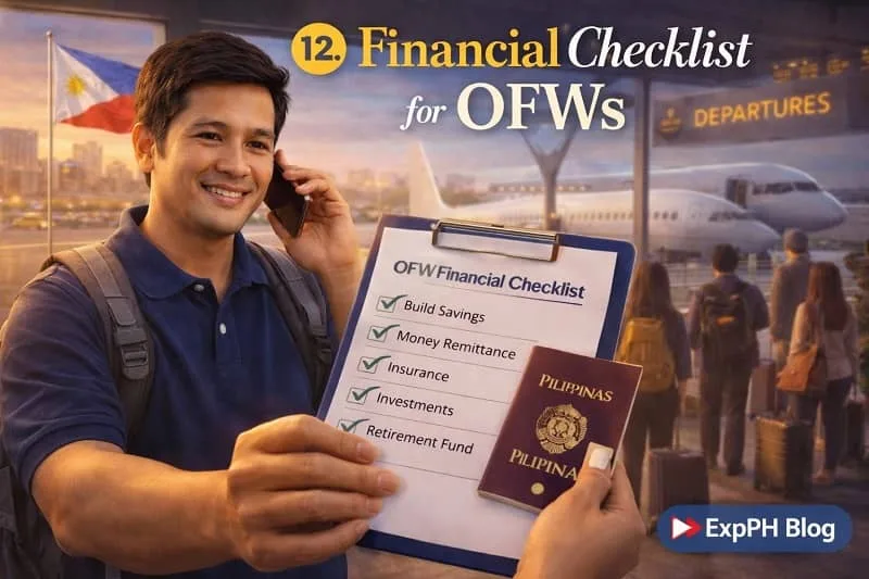 Filipino OFW at the airport holding a financial checklist and Philippine passport with airplane and departure area in the background, featuring ExpPH Blog logo