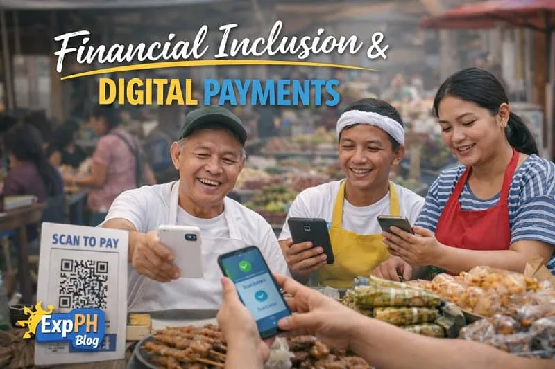 Filipino market vendor accepting digital payment using a smartphone while a customer scans a QR code